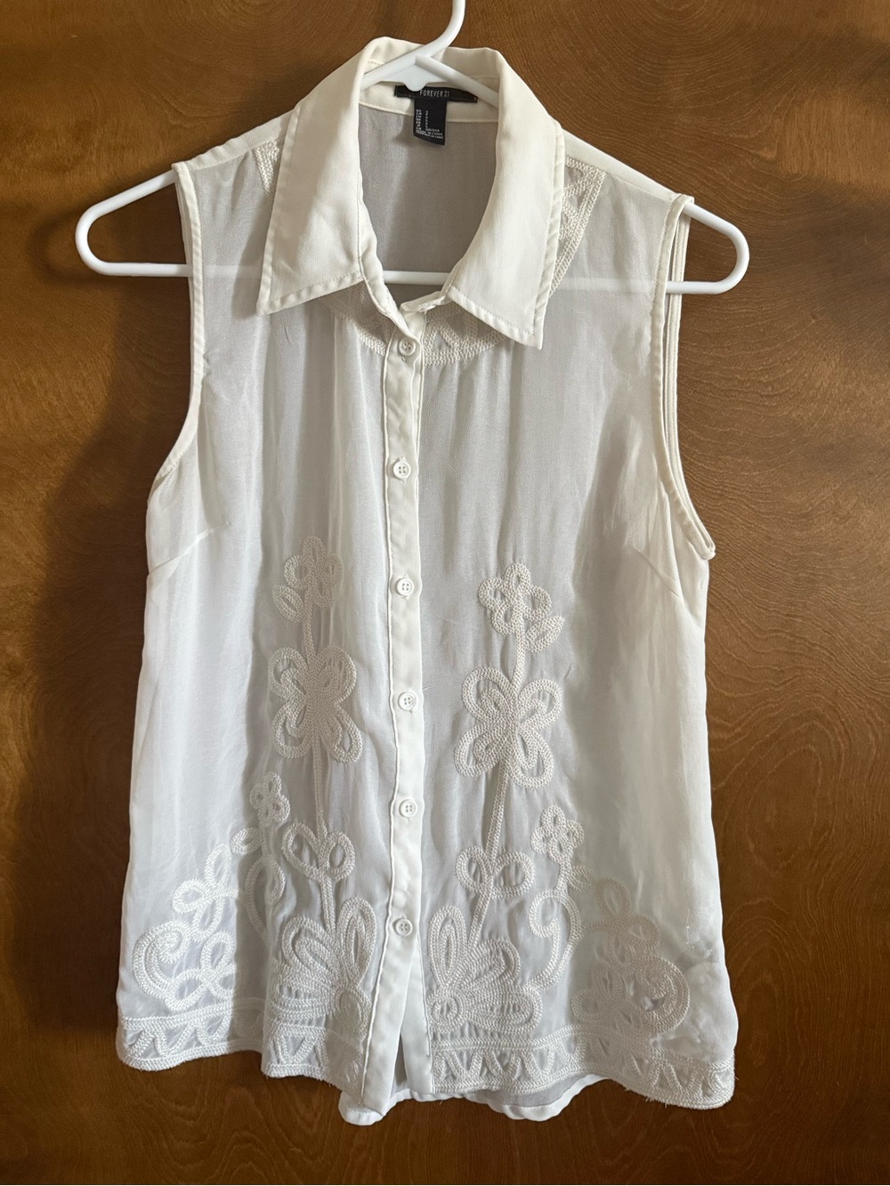 Sleeveless Sheer Embroidered Button-Front Top - Ivory